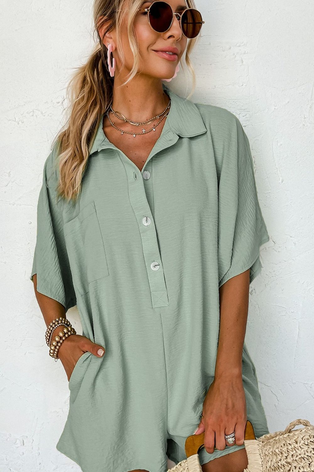 Half Button Collared Neck Romper