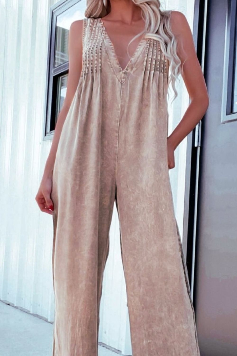 V-Neck Wide Leg Denim Jumpsuit