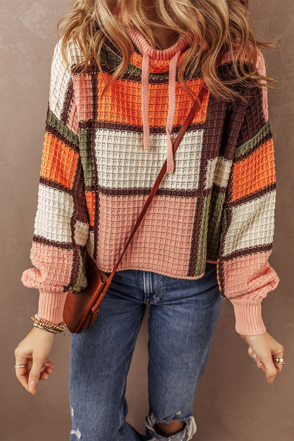 Drawstring Color Block Long Sleeve Sweater