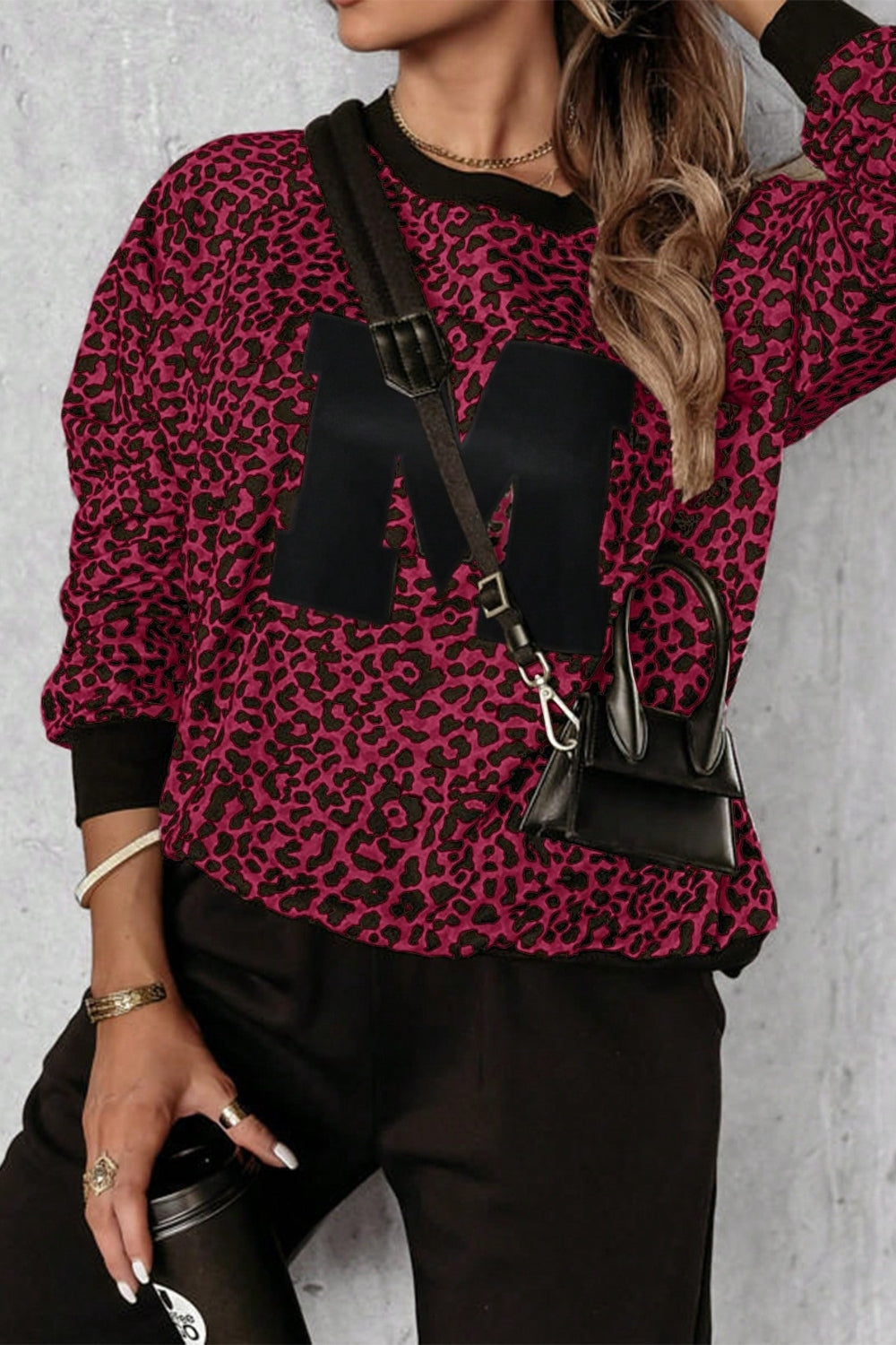 Letter M Leopard Round Neck Top and Pants Set