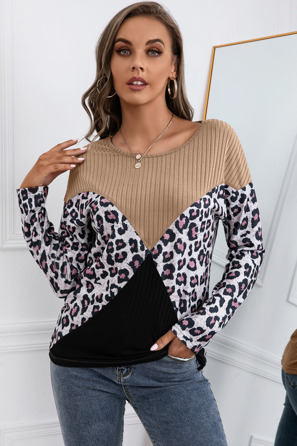 Ivy Lane Leopard Patch Color Block Ribbed Top