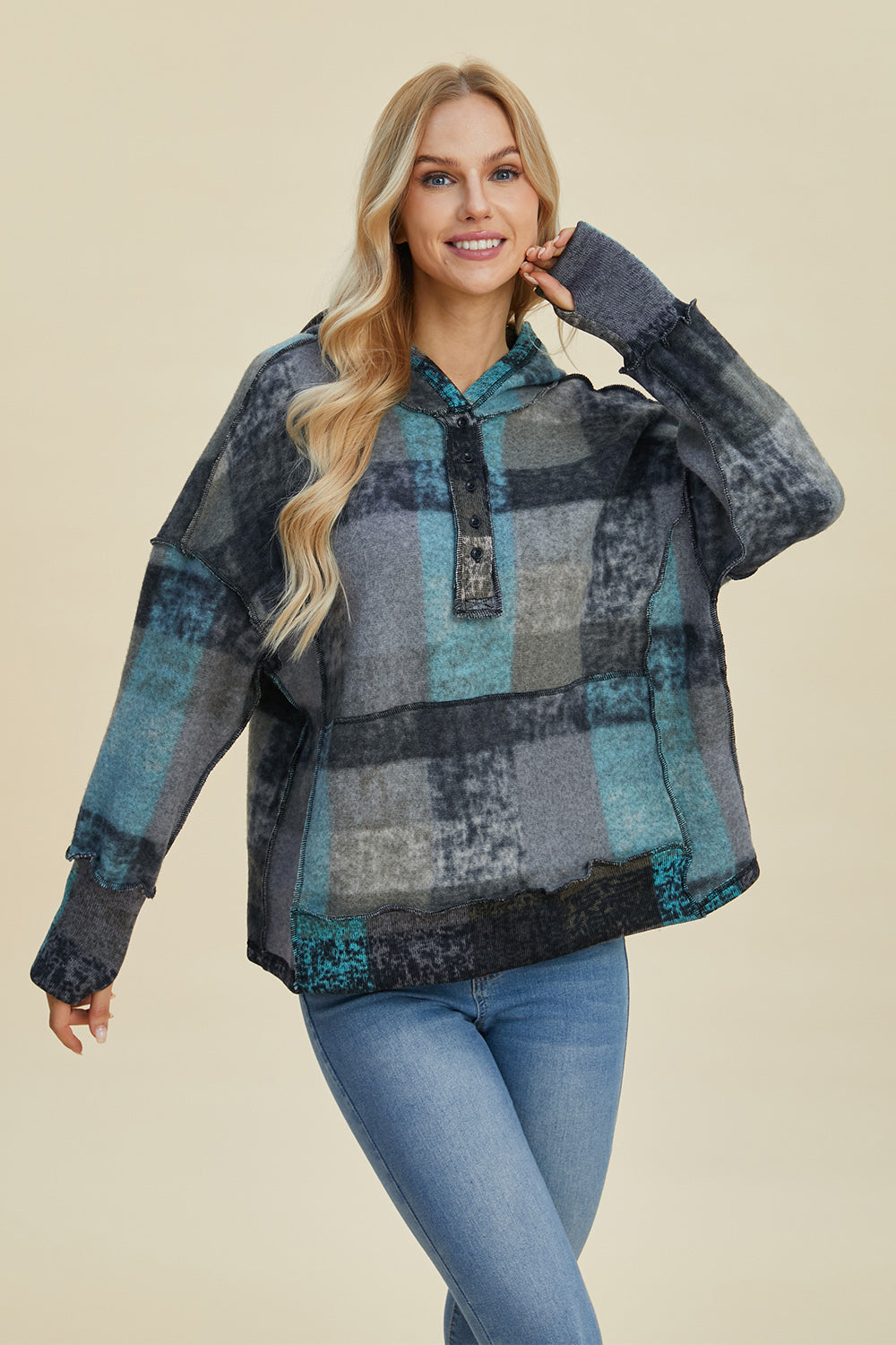 Double Take Full Size Plaid Dropped Shoulder Fleece Hoodie