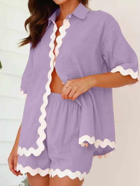 Contrast Trim Collared Neck Top and Shorts Set