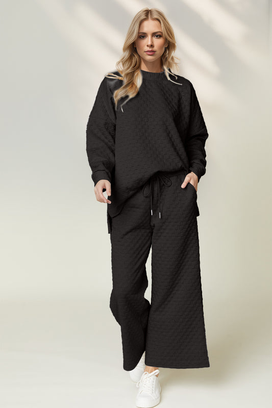 Double Take Checkered Slit High-Low Round Neck Top and Wide Leg Pants Set