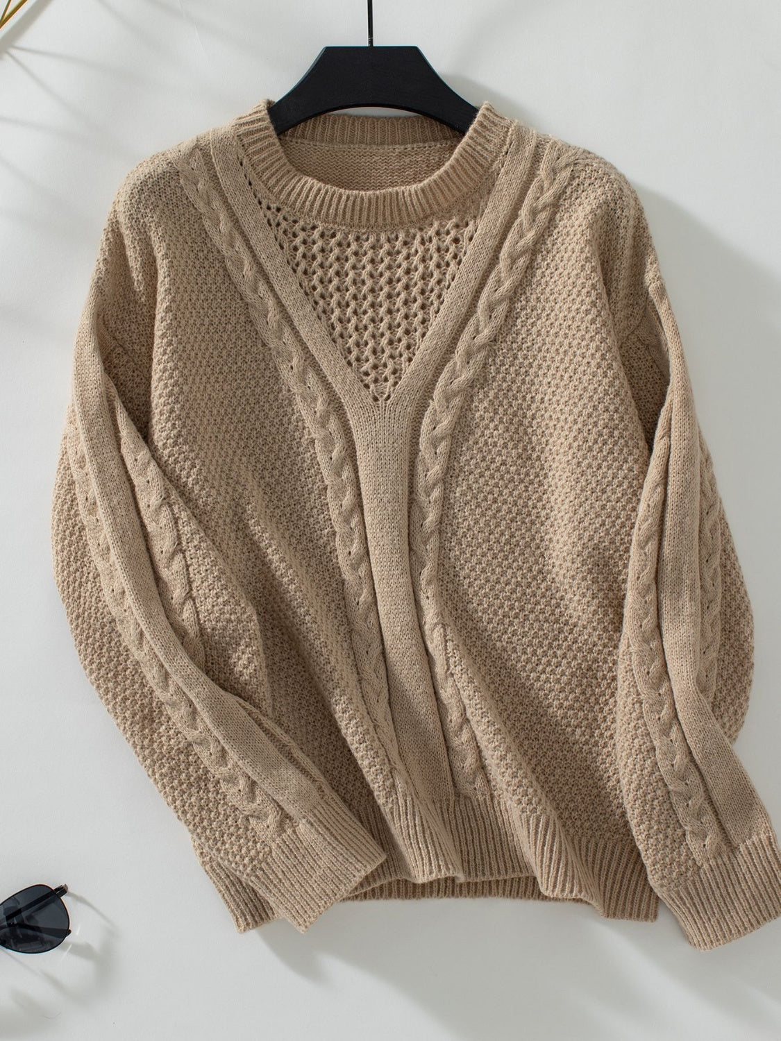 Openwork Cable-Knit Round Neck Long Sleeve Sweater