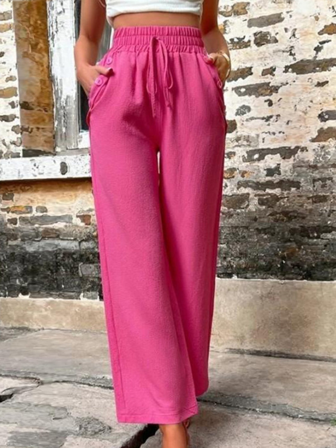 Tied High Waist Wide Leg Pants with Pockets