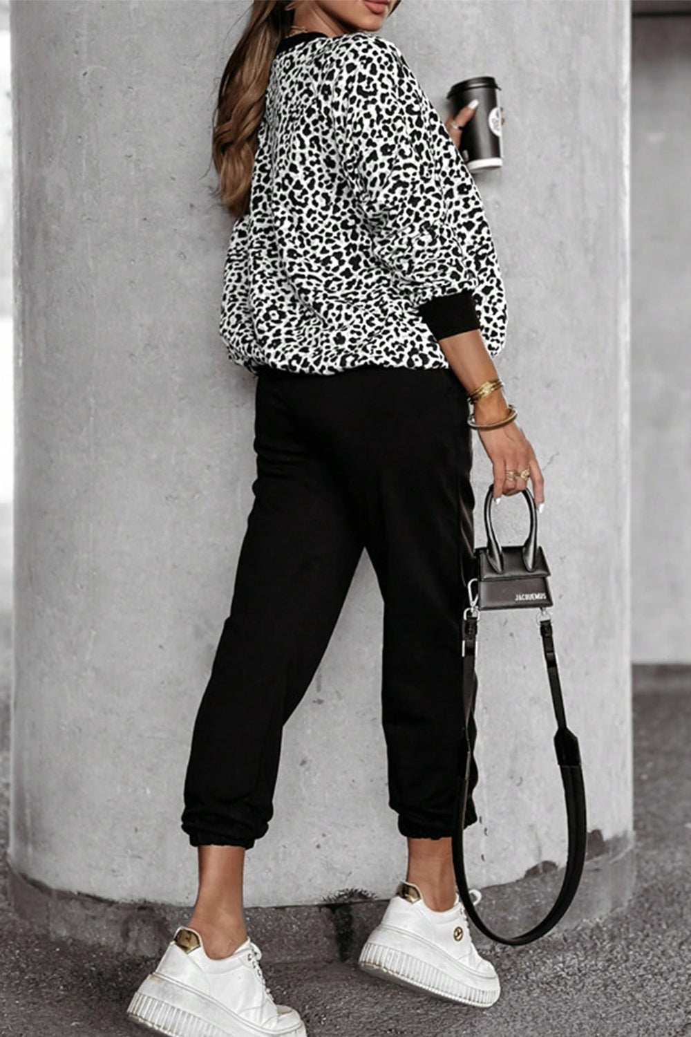 Letter M Leopard Round Neck Top and Pants Set