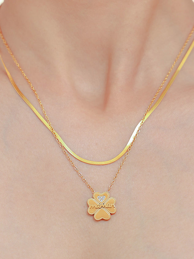 2 Piece 18K Gold-Plated Inlaid Zircon Lucky Clover Necklace