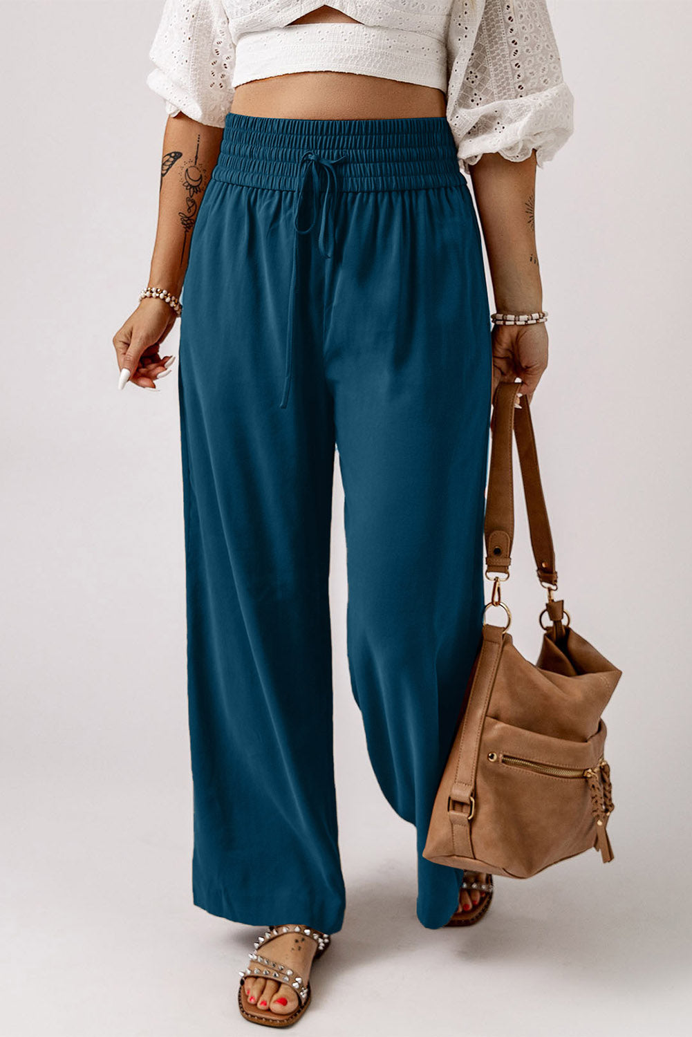 Drawstring Smocked Waist Wide Leg Pants