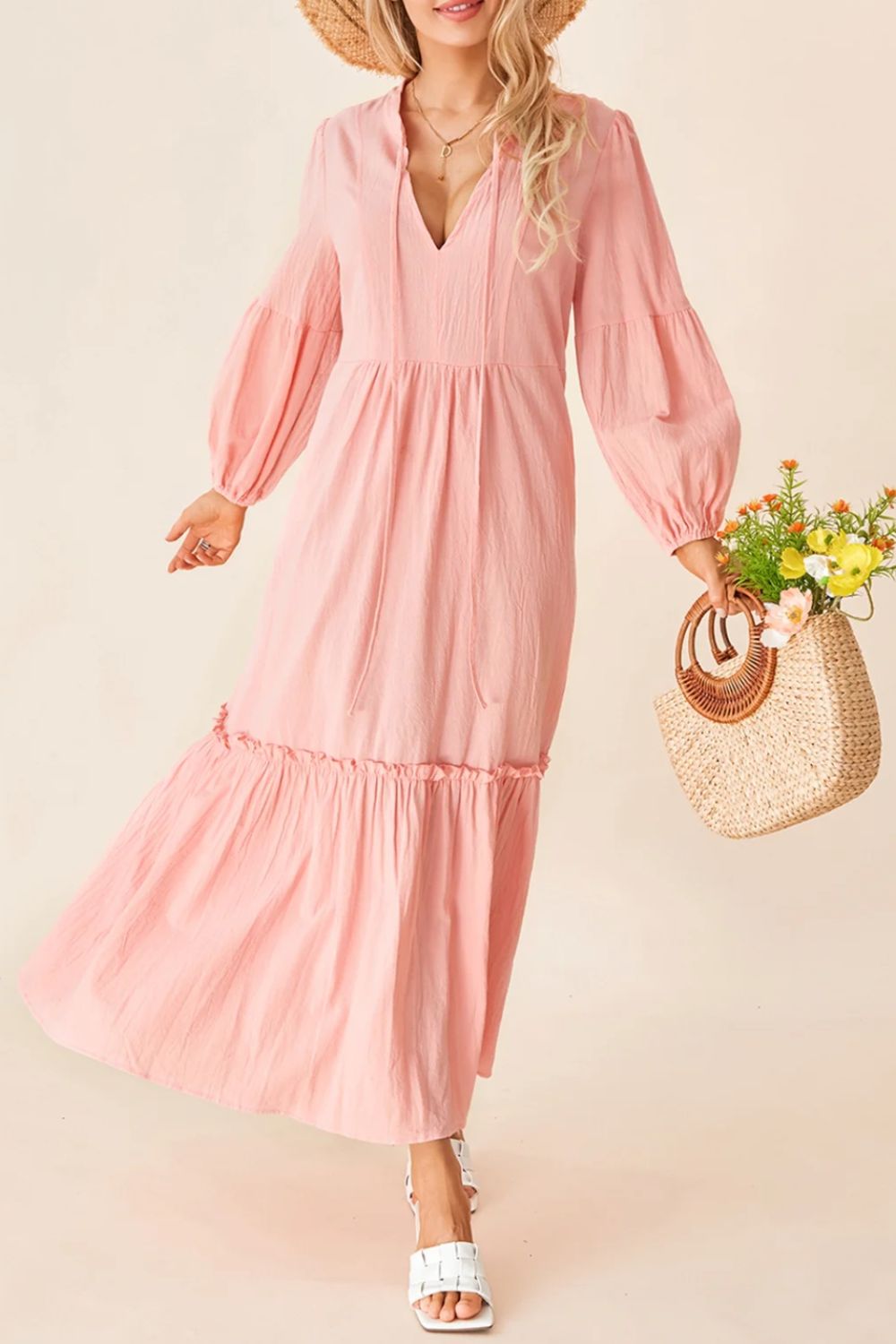 Frill Tiered Tie Neck Long Sleeve Dress