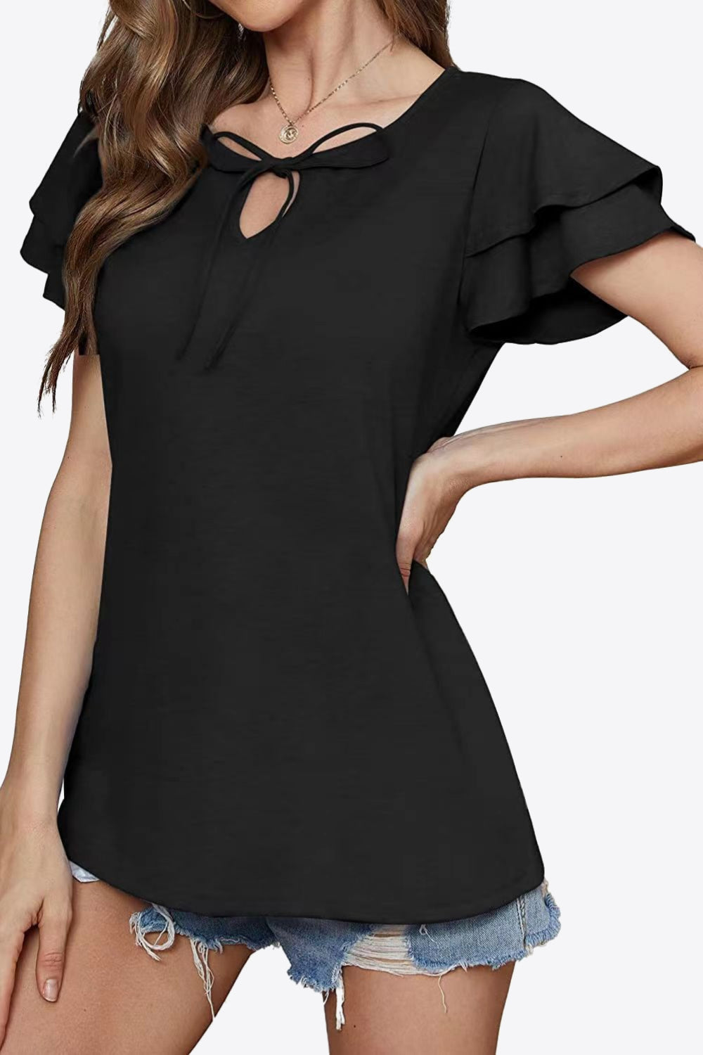 Tie-Neck Layered Flutter Sleeve Blouse