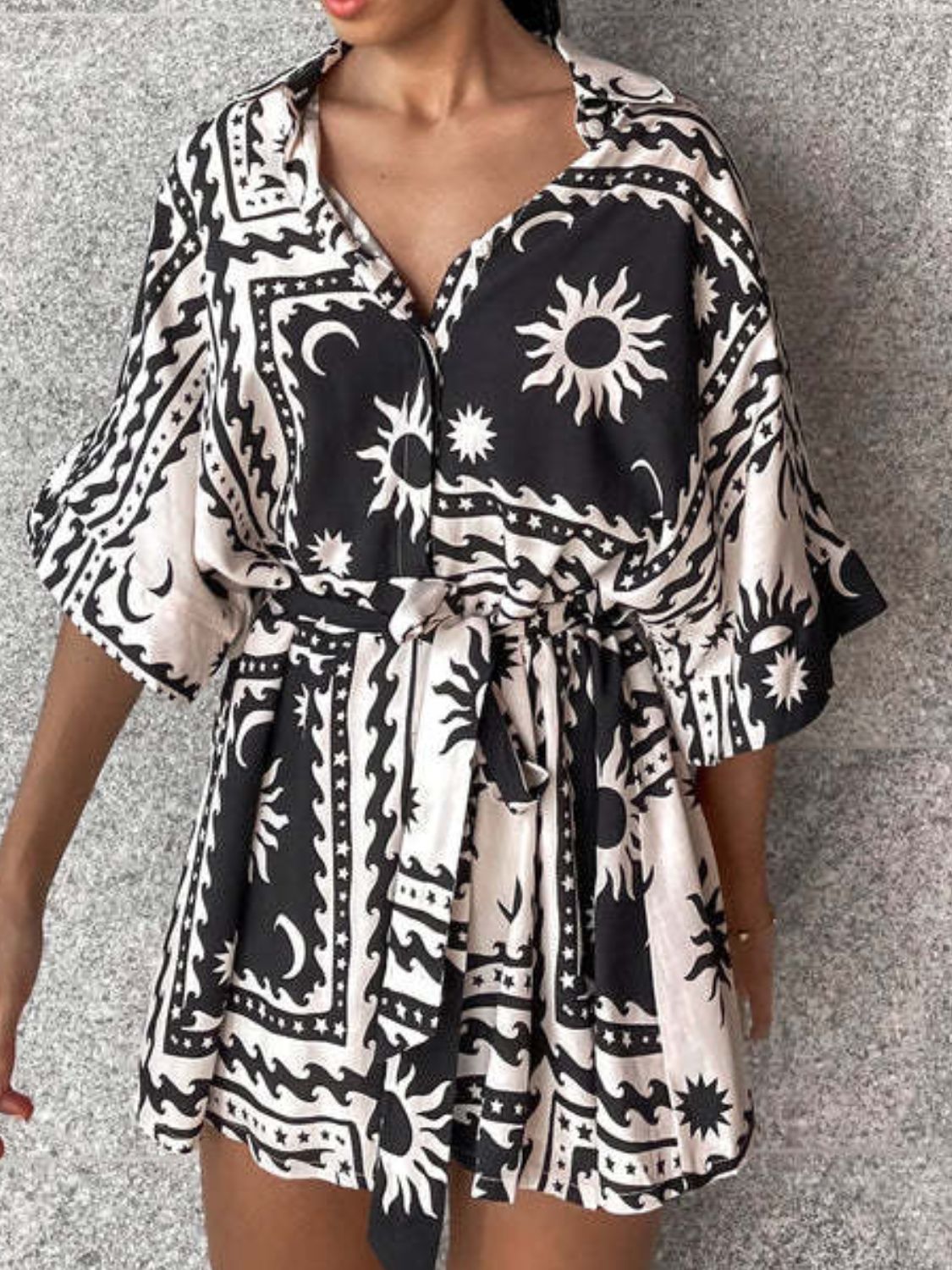 Printed Tie Waist Half Sleeve Romper