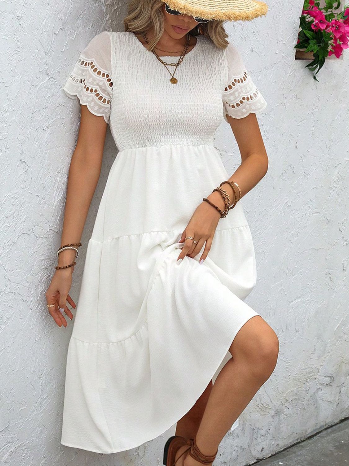 Smocked Round Neck Short Sleeve Dress