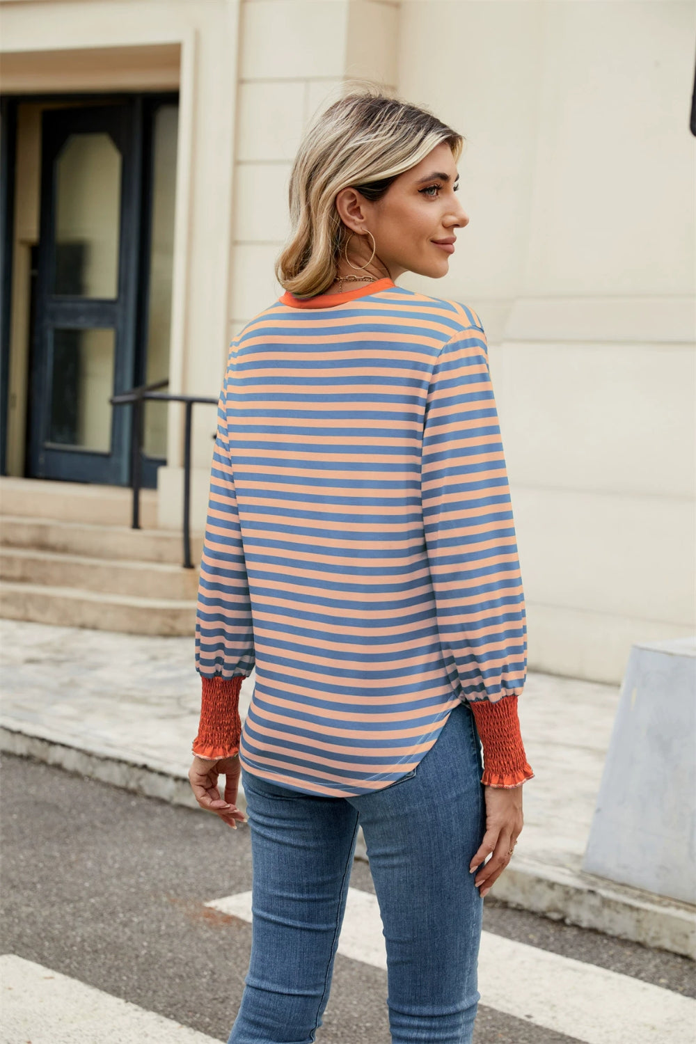 Contrast Striped Notched Long Sleeve Top