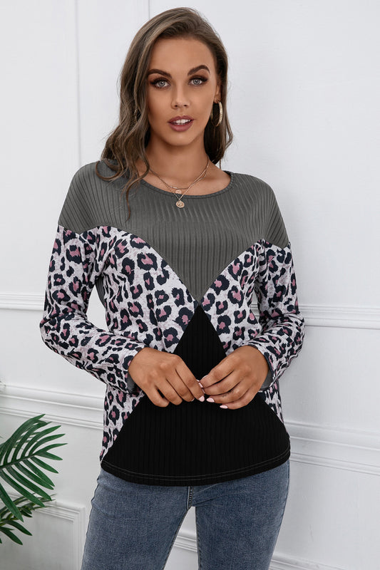 Ivy Lane Leopard Patch Color Block Ribbed Top