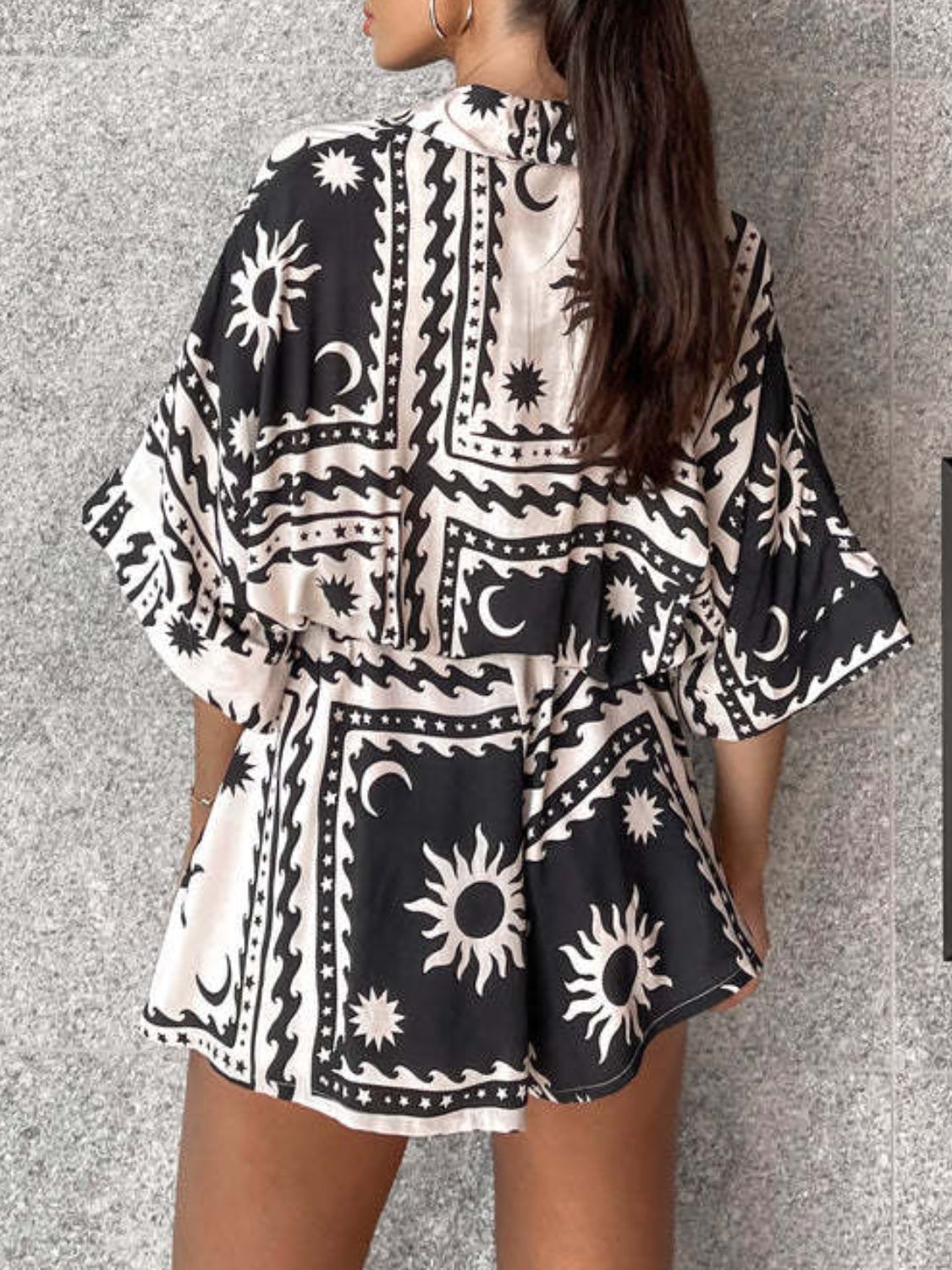 Printed Tie Waist Half Sleeve Romper