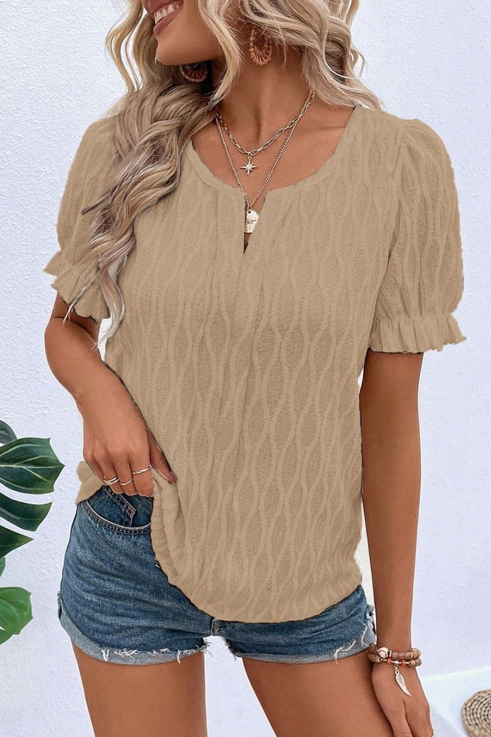 Texture Notched Short Sleeve Blouse