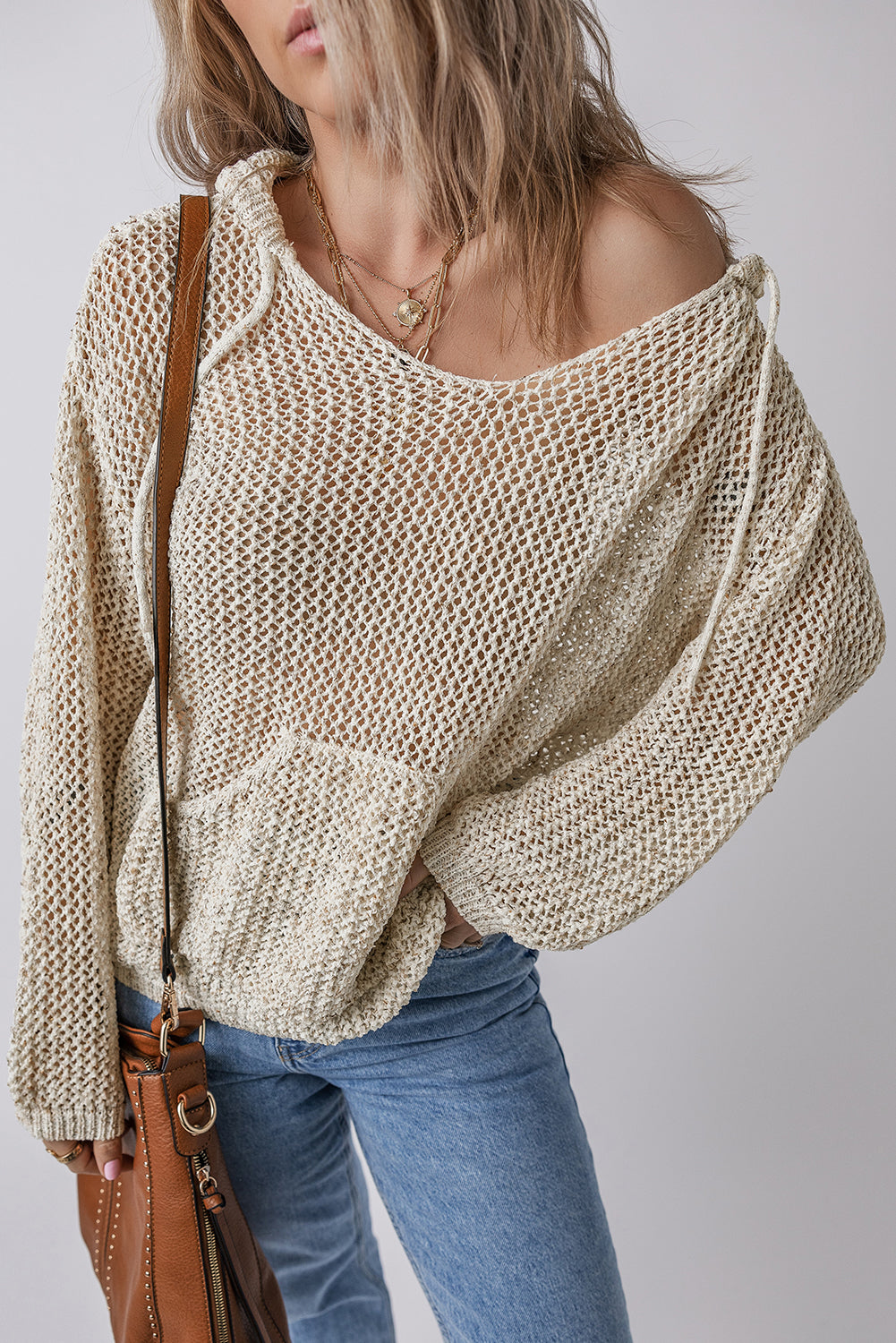 Openwork Dropped Shoulder Hooded Knit Top