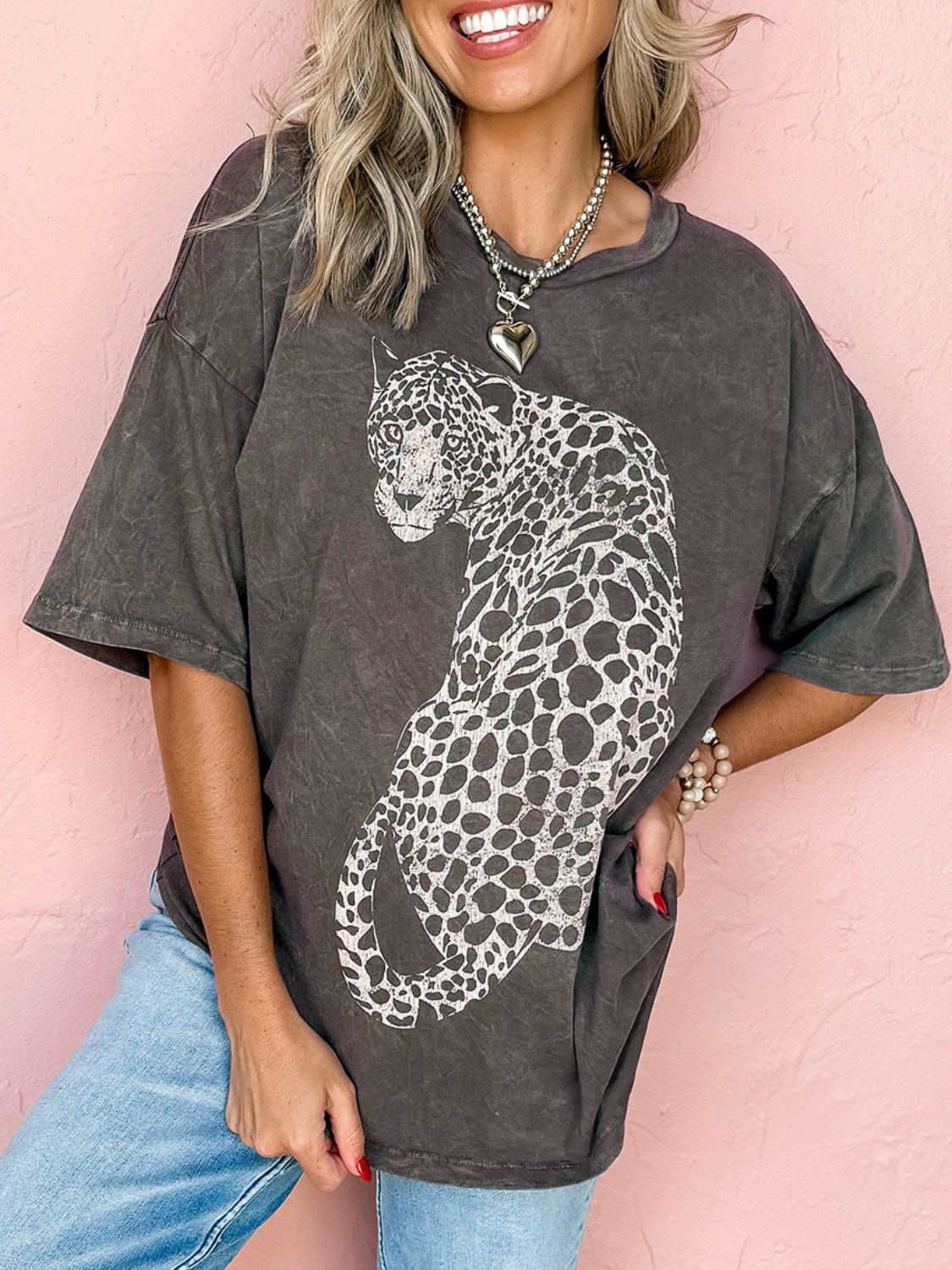 Cheetah Mineral Wash Round Neck Half Sleeve T-Shirt