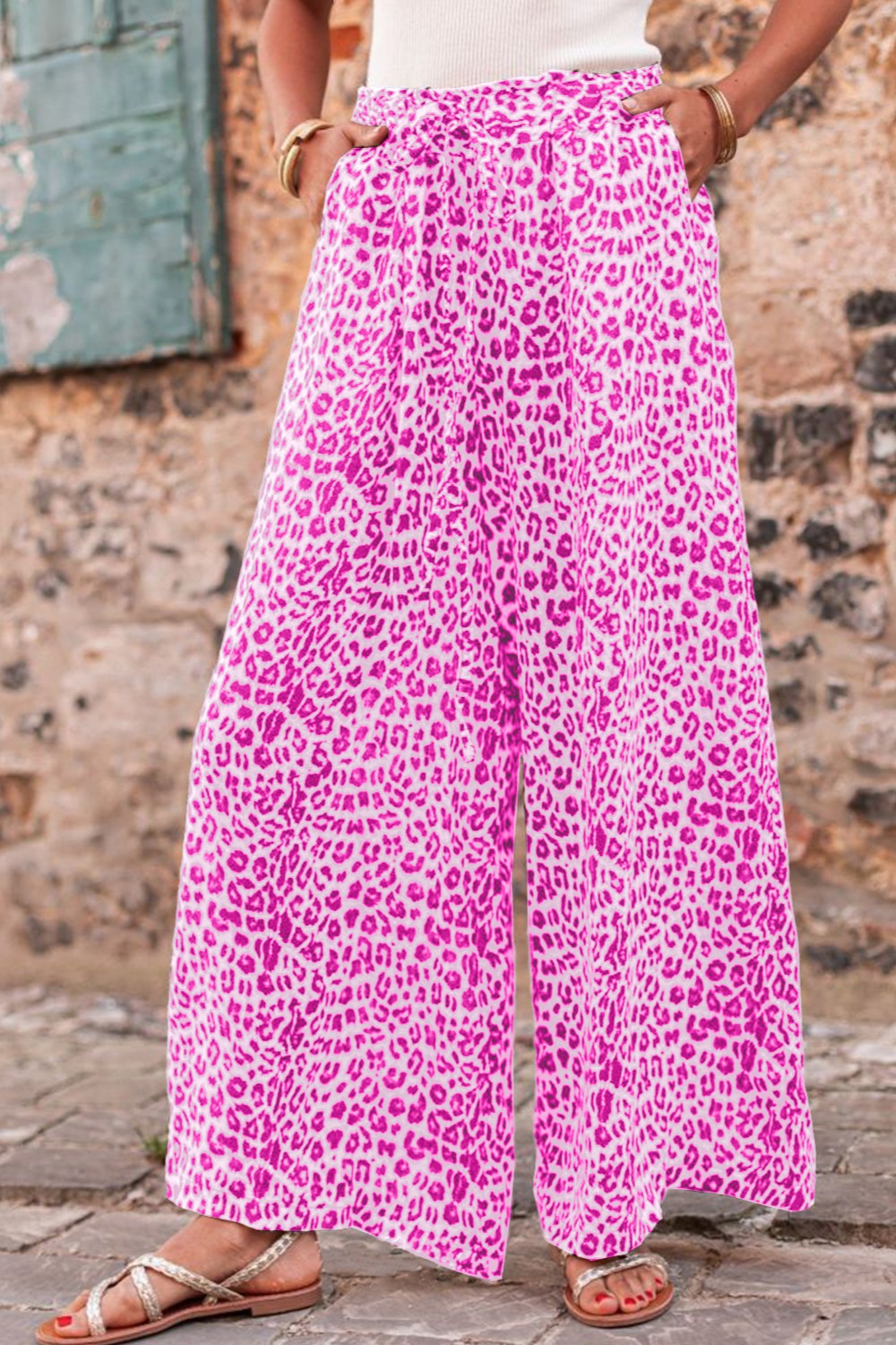 Leopard Drawstring Wide Leg Pants