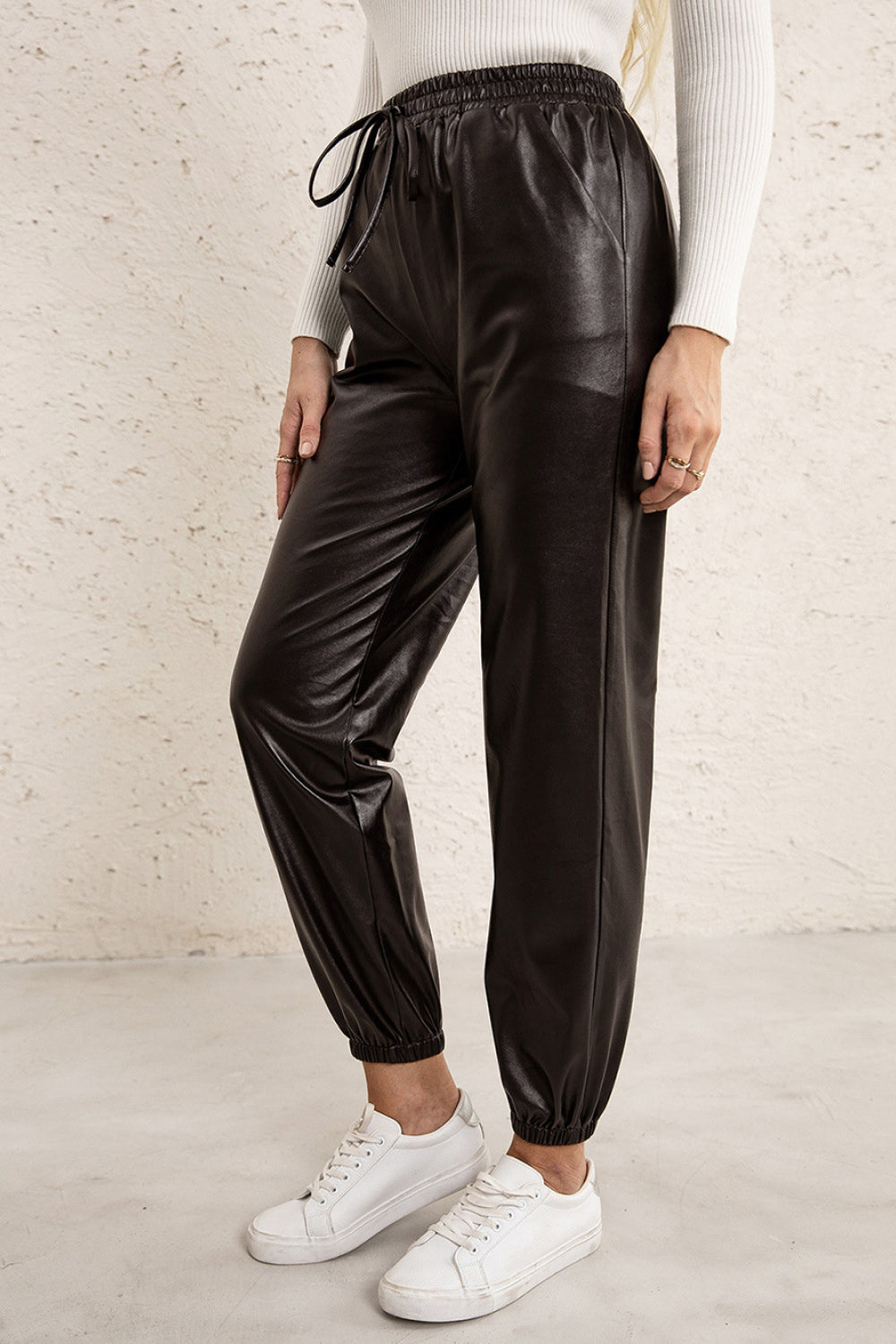 Ivy Lane Elastic Waist PU Leather Joggers