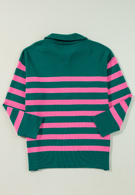 Contrast Striped Quarter Zip Long Sleeve Sweater