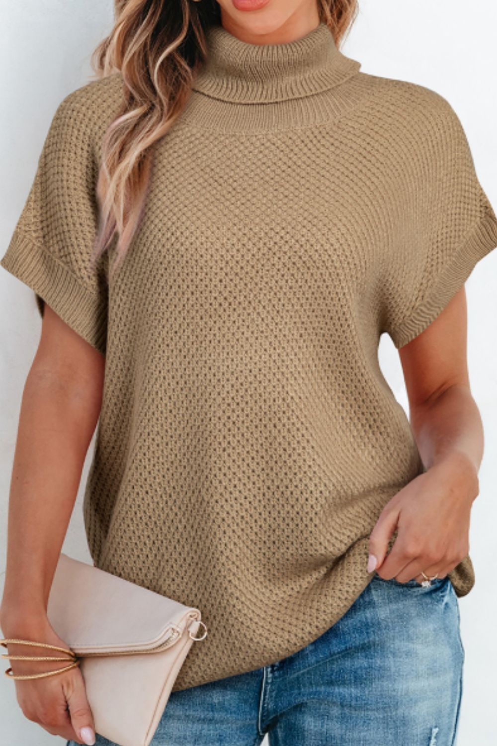 Solid Color Turtleneck Short Sleeve Sweater