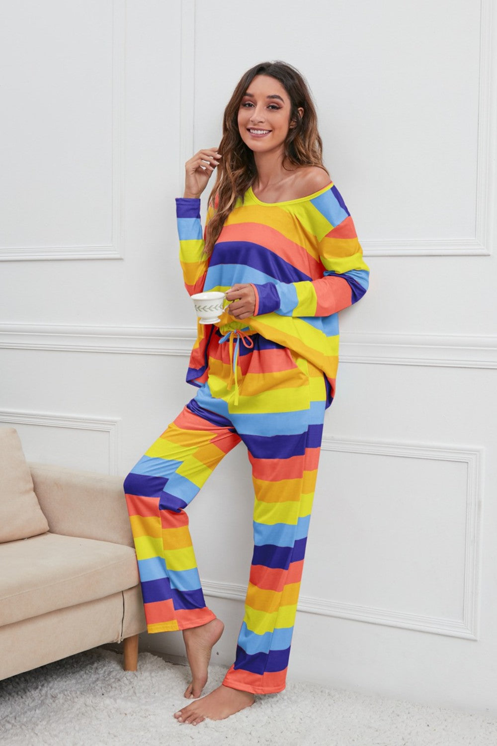 Striped Round Neck Long Sleeve Top and Drawstring Pants Lounge Set