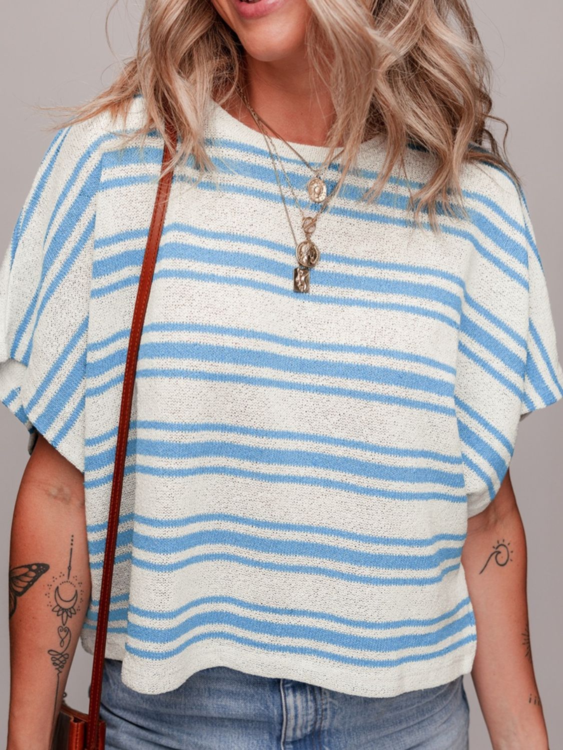 Stripe Round Neck Half Sleeve Knit Top