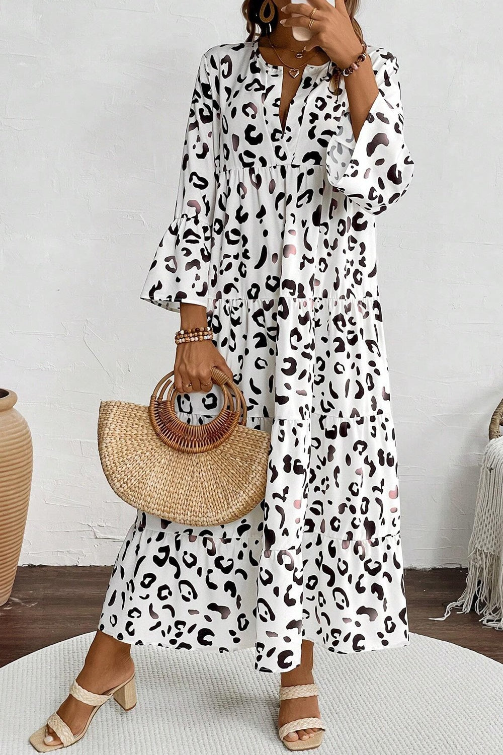 Leopard Notched Long Sleeve Dress