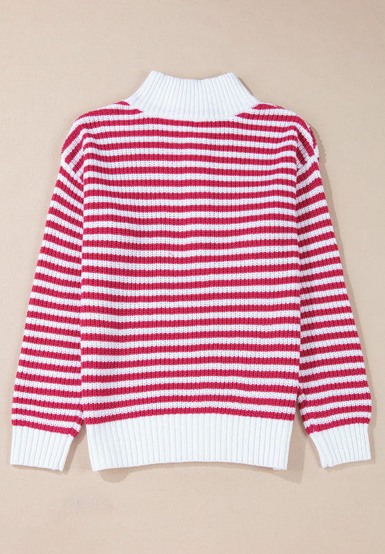 Striped Half Zip Mock Neck Long Sleeve Sweater