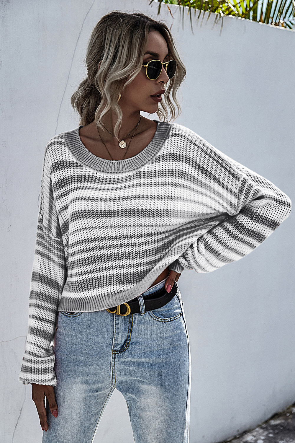 Perfee Striped Round Neck Dropped Shoulder Sweater