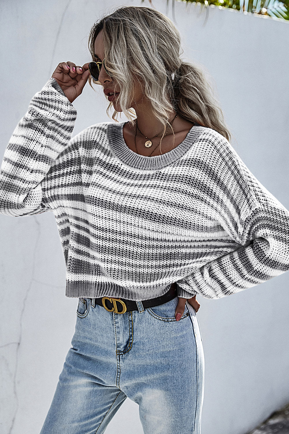 Perfee Striped Round Neck Dropped Shoulder Sweater