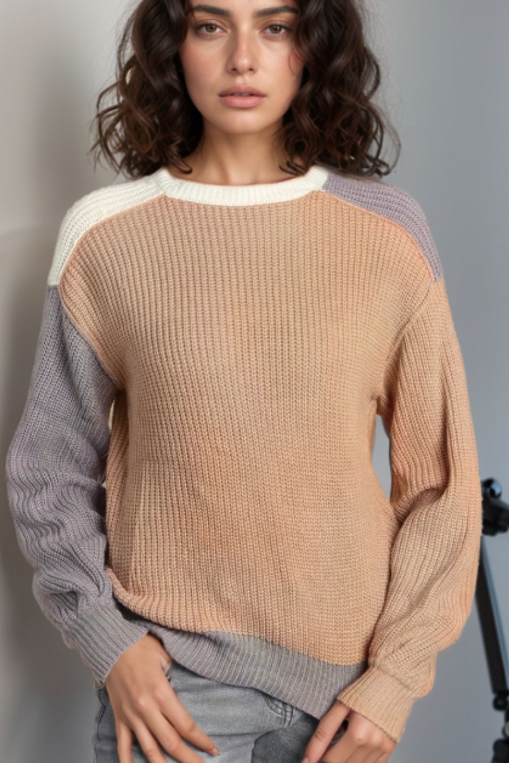 Color Block Round Neck Drop Shoulder Sweater