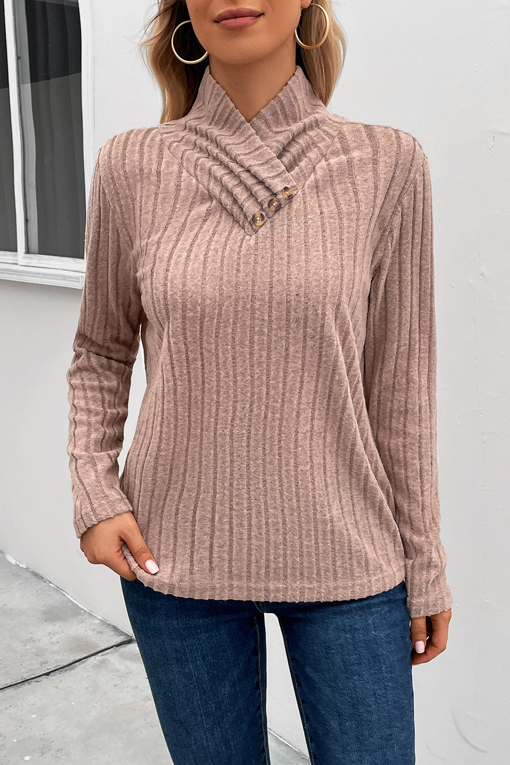 Perfee Ribbed Turtleneck Long Sleeve Sweater