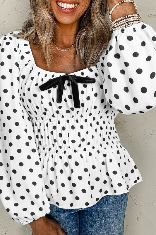 Bow Polka Dot Square Neck Long Sleeve Blouse