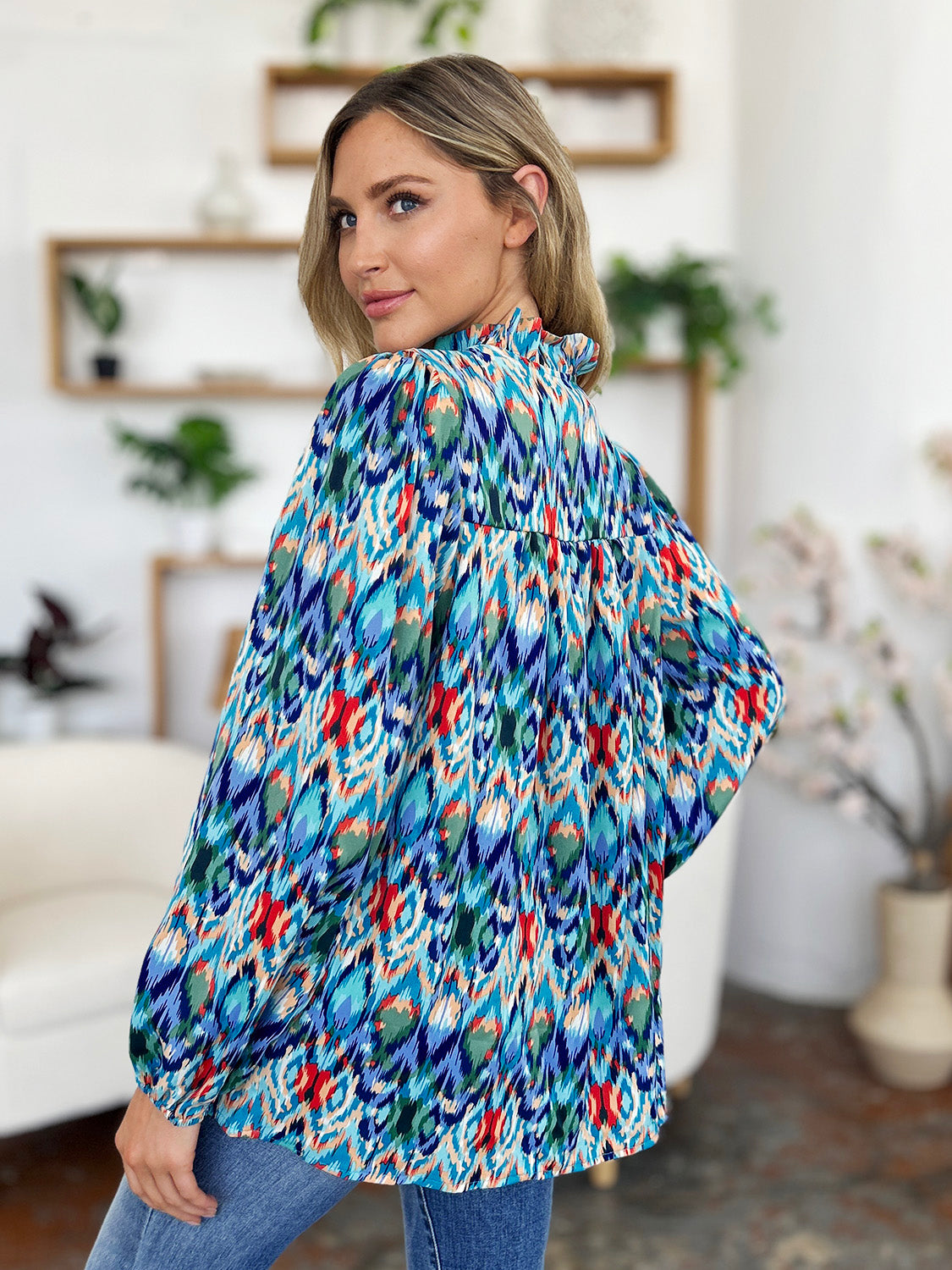 Double Take Full Size Printed Balloon Sleeve Blouse