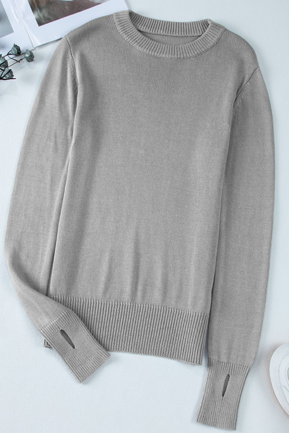 Ribbed Hem Round Neck Long Sleeve Sweater