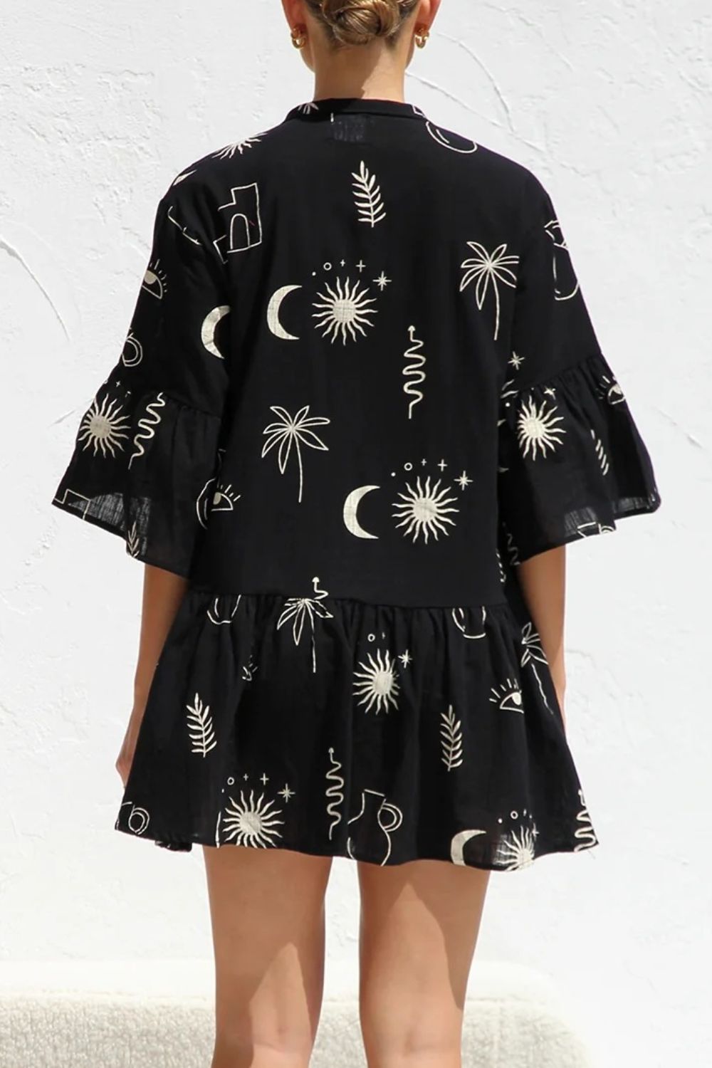 Ruched Printed Three-Quarter Sleeve Mini Dress