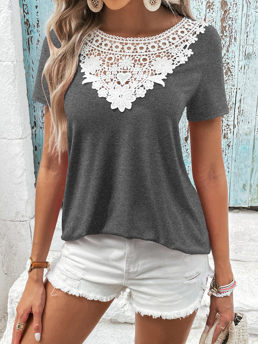 Ivy Lane Spliced Lace Contrast Short Sleeve Top