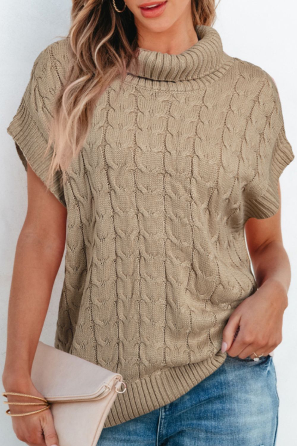 Cable Knit Turtleneck Short Sleeve Sweater