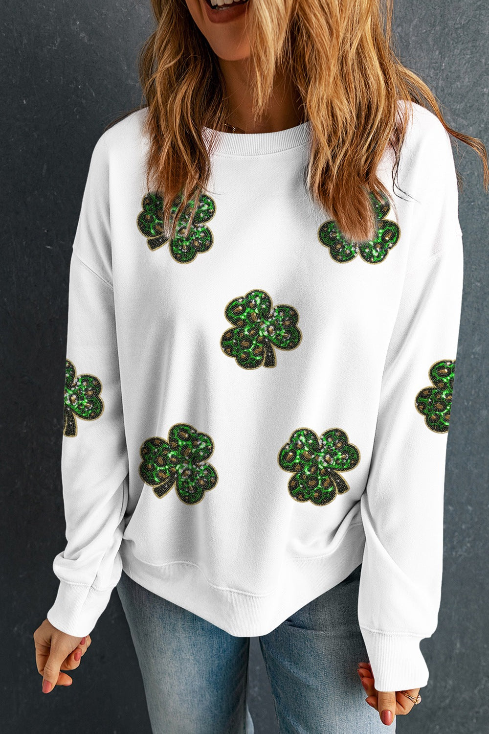 Sequin Lucky Clover Long Sleeve Sweatshirt