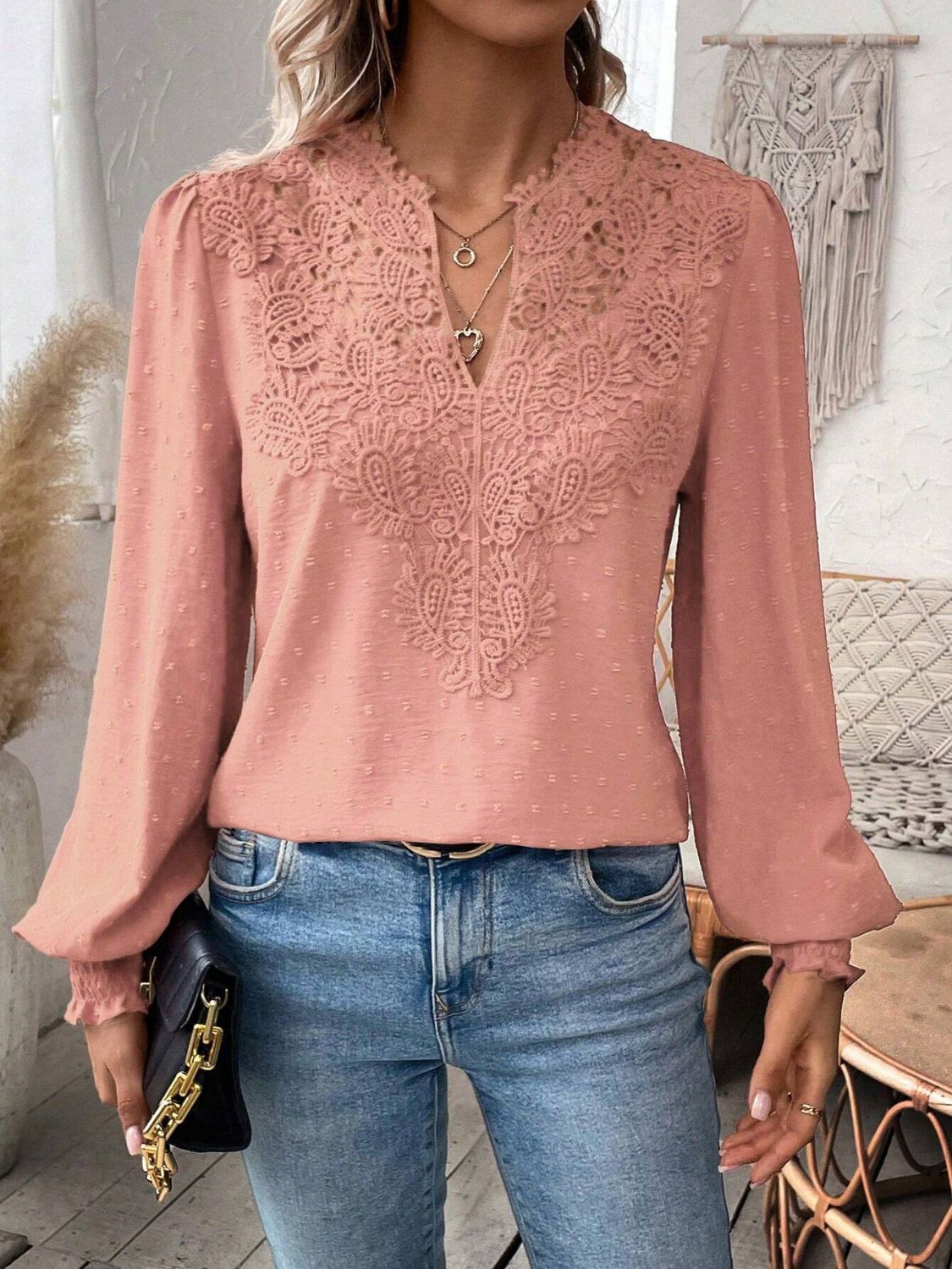 Swiss Dot Lace Detail Notched Long Sleeve Blouse