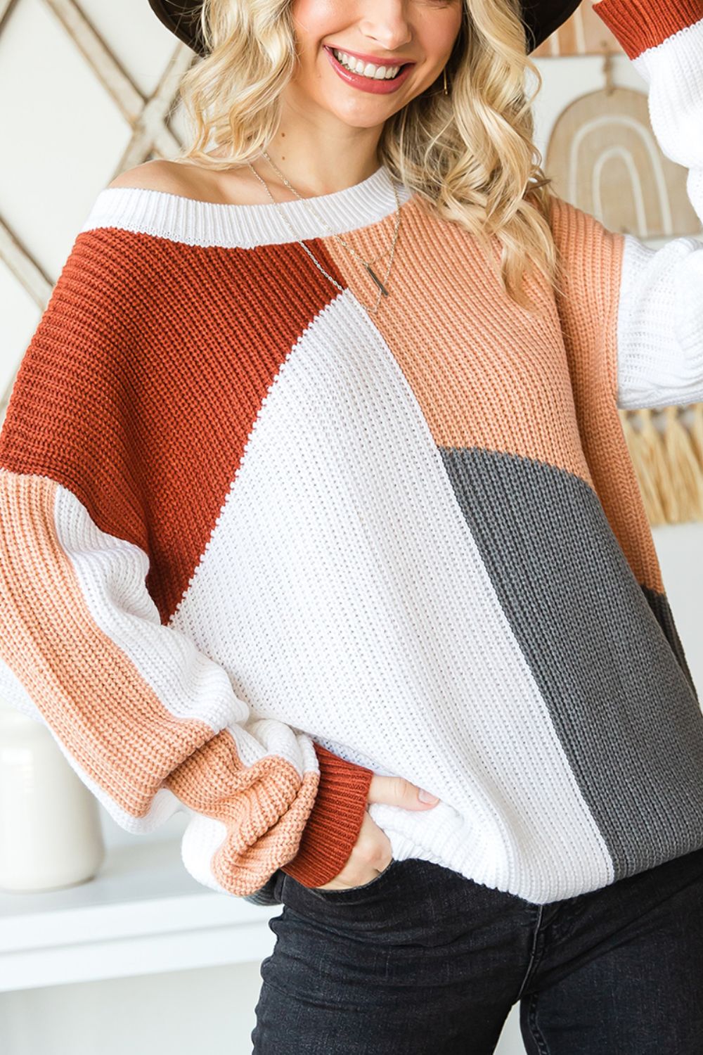 Color Block Drop Shoulder Long Sleeve Sweater