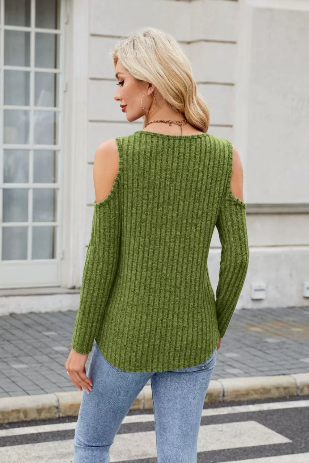 Ribbed Cold Shoulder Long Sleeve Top