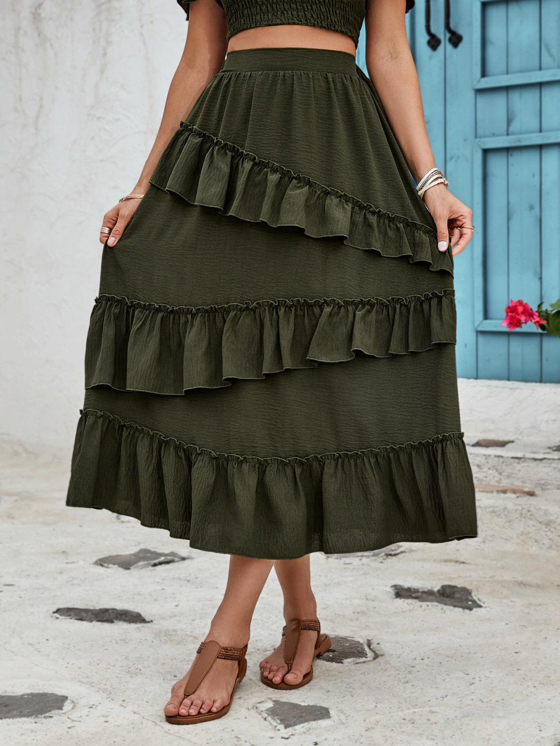 Honey Ruffled Elastic Waist Midi Skirt