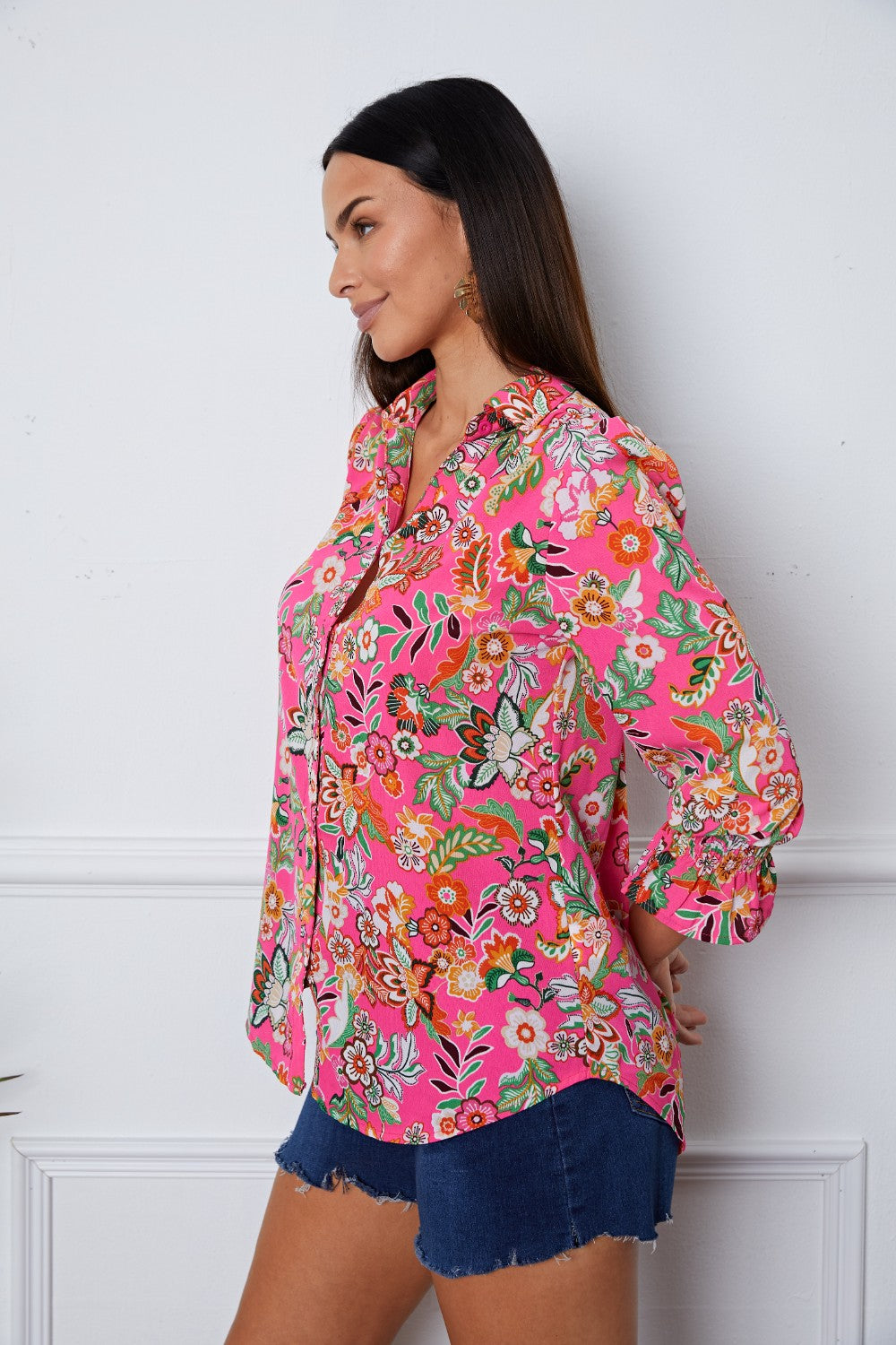 Floral Button Up Flounce Sleeve Shirt