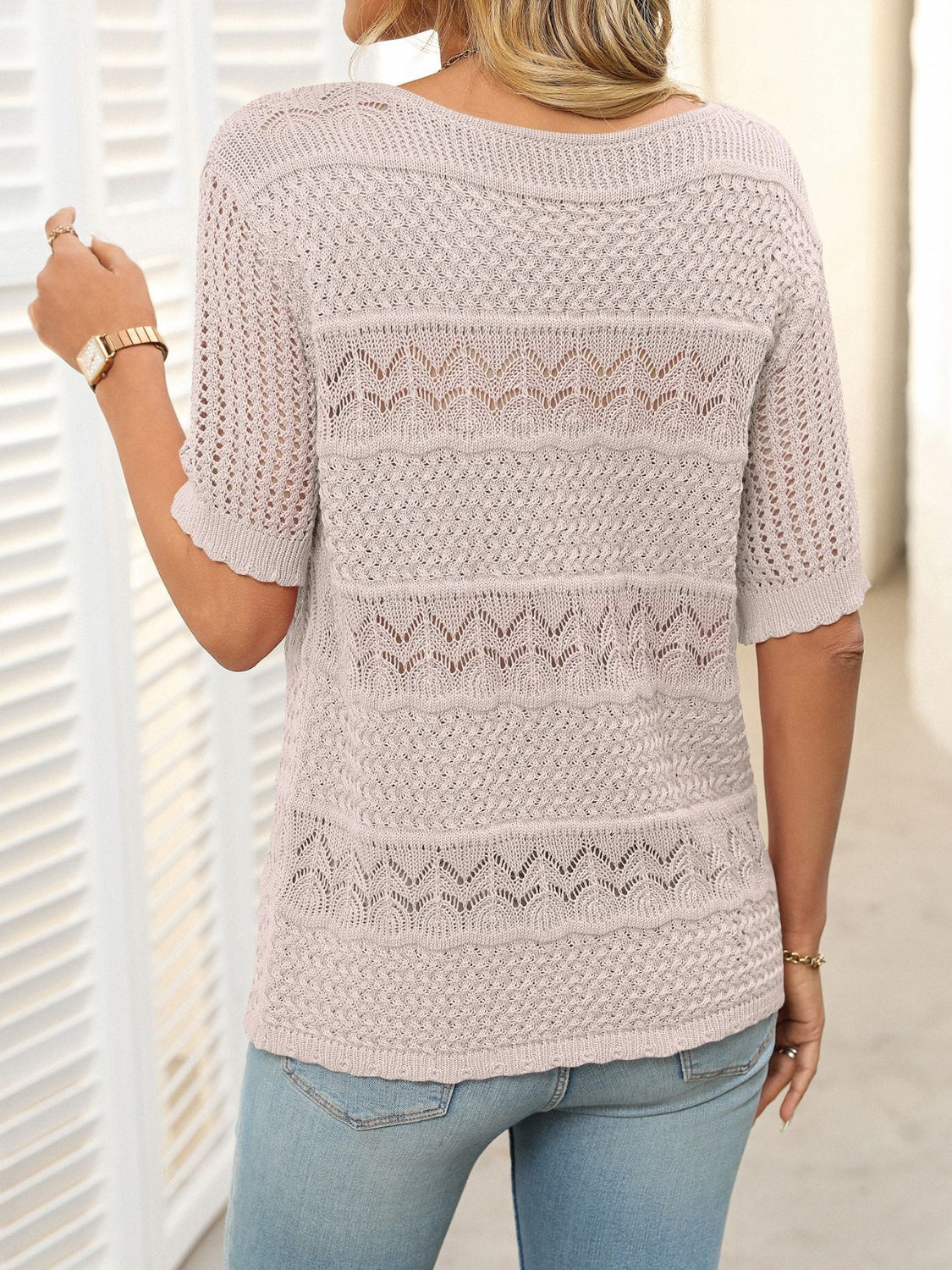 Openwork Round Neck Half Sleeve Knit Top