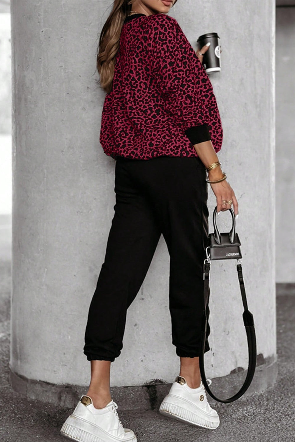 Letter M Leopard Round Neck Top and Pants Set