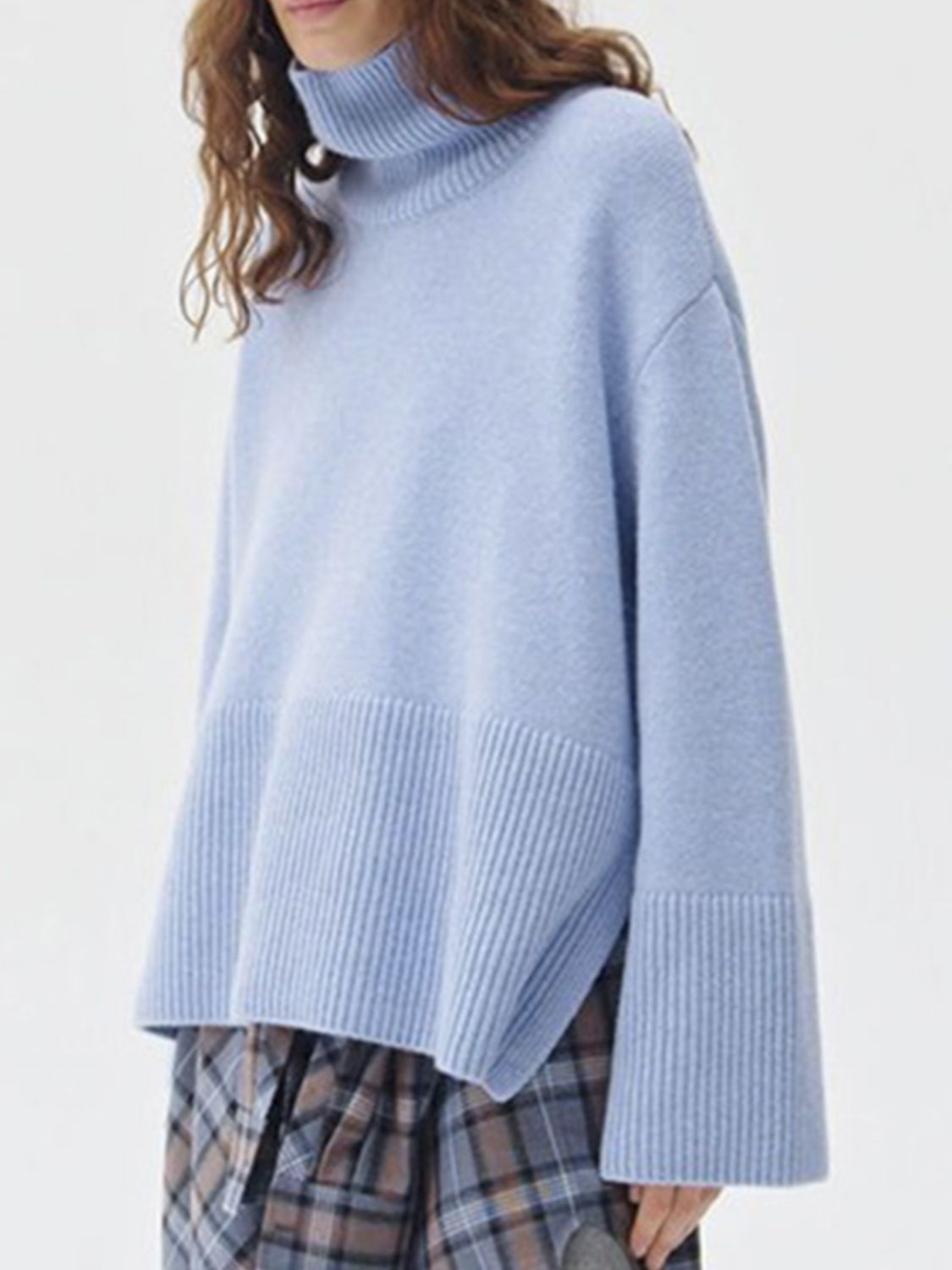 Side Slit Turtleneck Drop Shoulder Sweater